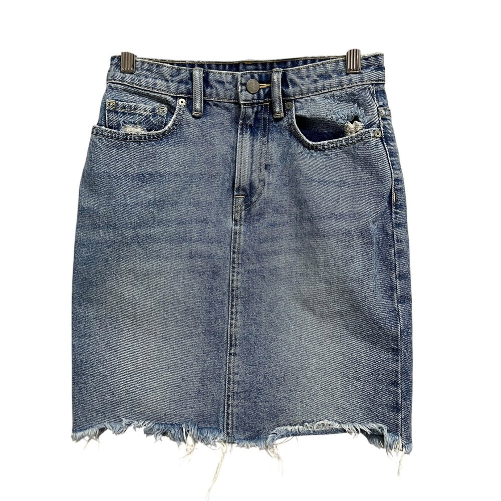 AllSaints Kim Denim Skirt Womens Size 2 Blue Distressed Raw Hem Mini Grunge - Picture 1 of 6